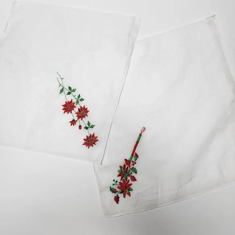 Vintage Set Of 2 Hankerchiefs Embroidered With Christmas Motifs